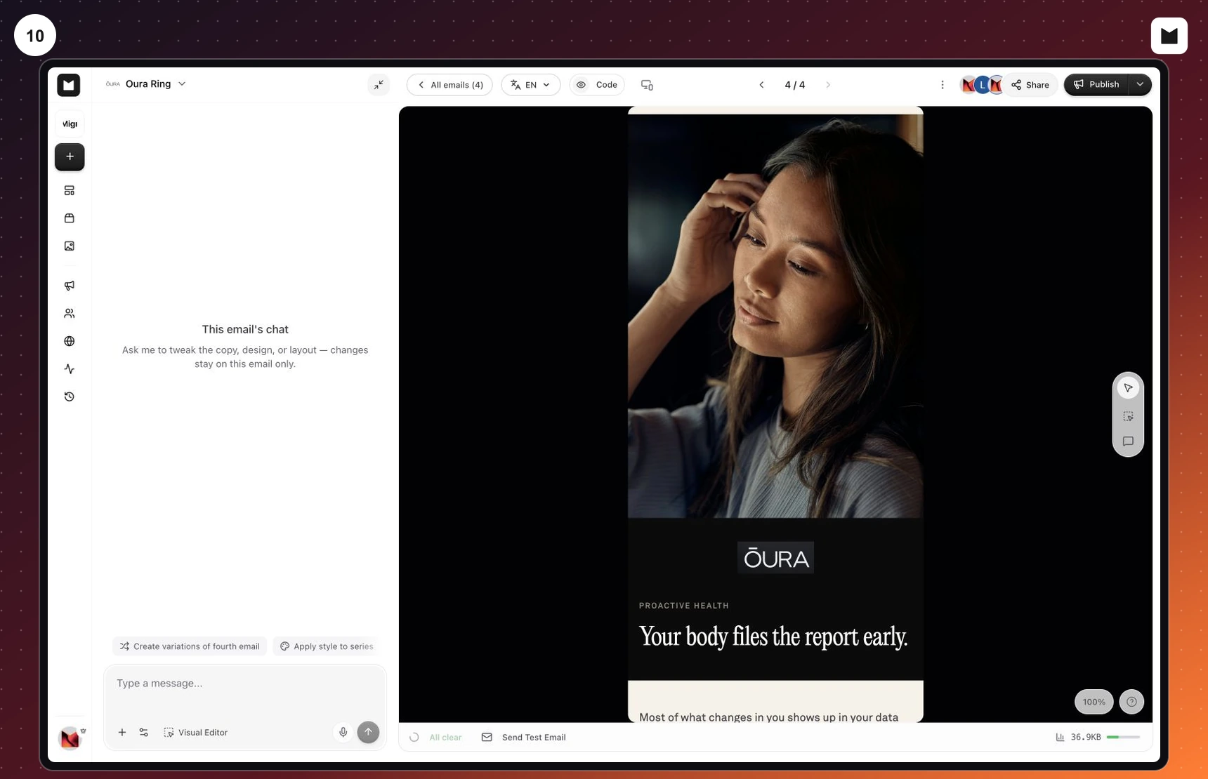 Illustration of Migma mobile email preview with the Visual Editor controls