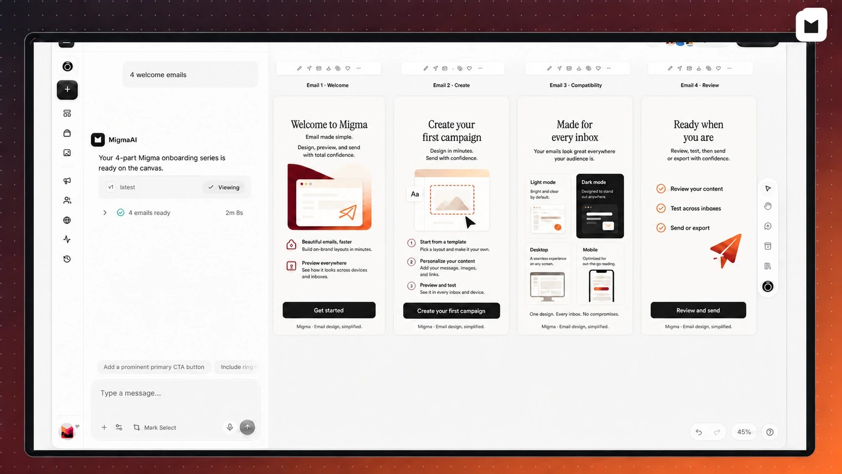 Illustration of four coordinated Migma emails shown together on the visual canvas