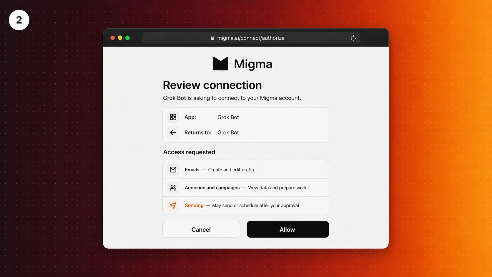 Illustration showing the Migma connection review with app, return destination, requested access, Cancel, and Allow
