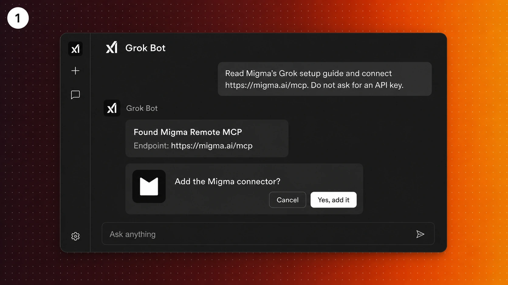 Illustration showing Grok Bot reading Migma setup guidance, finding the Migma Remote MCP URL, and asking whether to add the connector