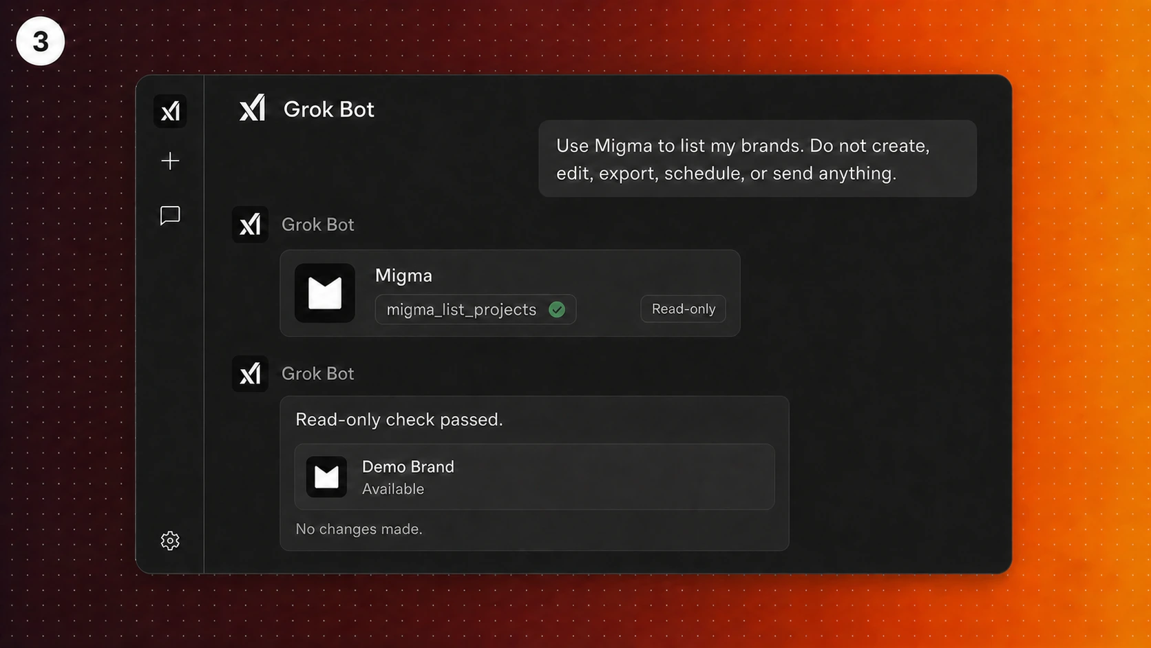 Illustration showing Grok Bot calling Migma list projects, returning a sanitized demo brand, and making no changes