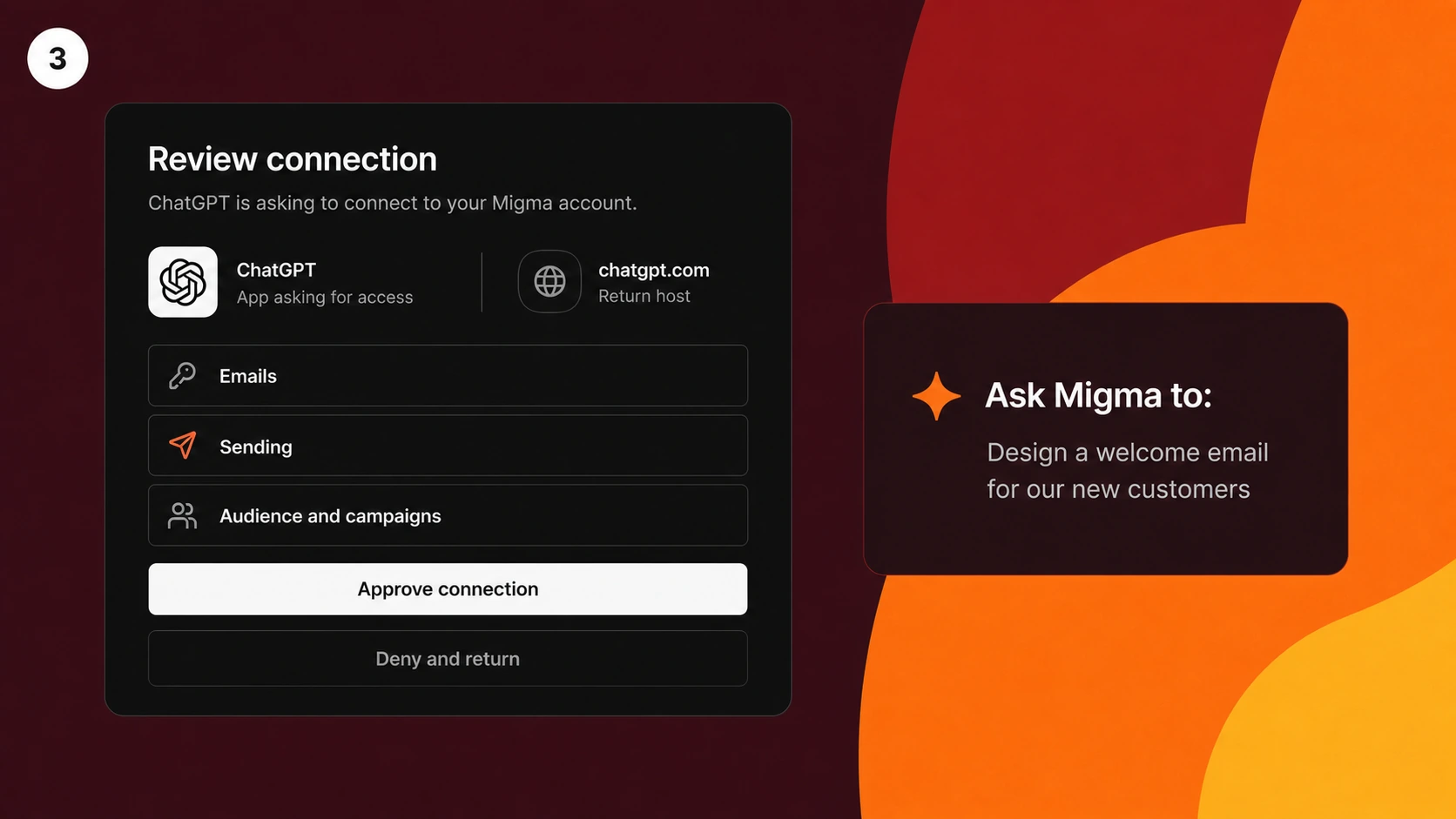 Illustration showing ChatGPT requesting Migma access and the Approve connection button