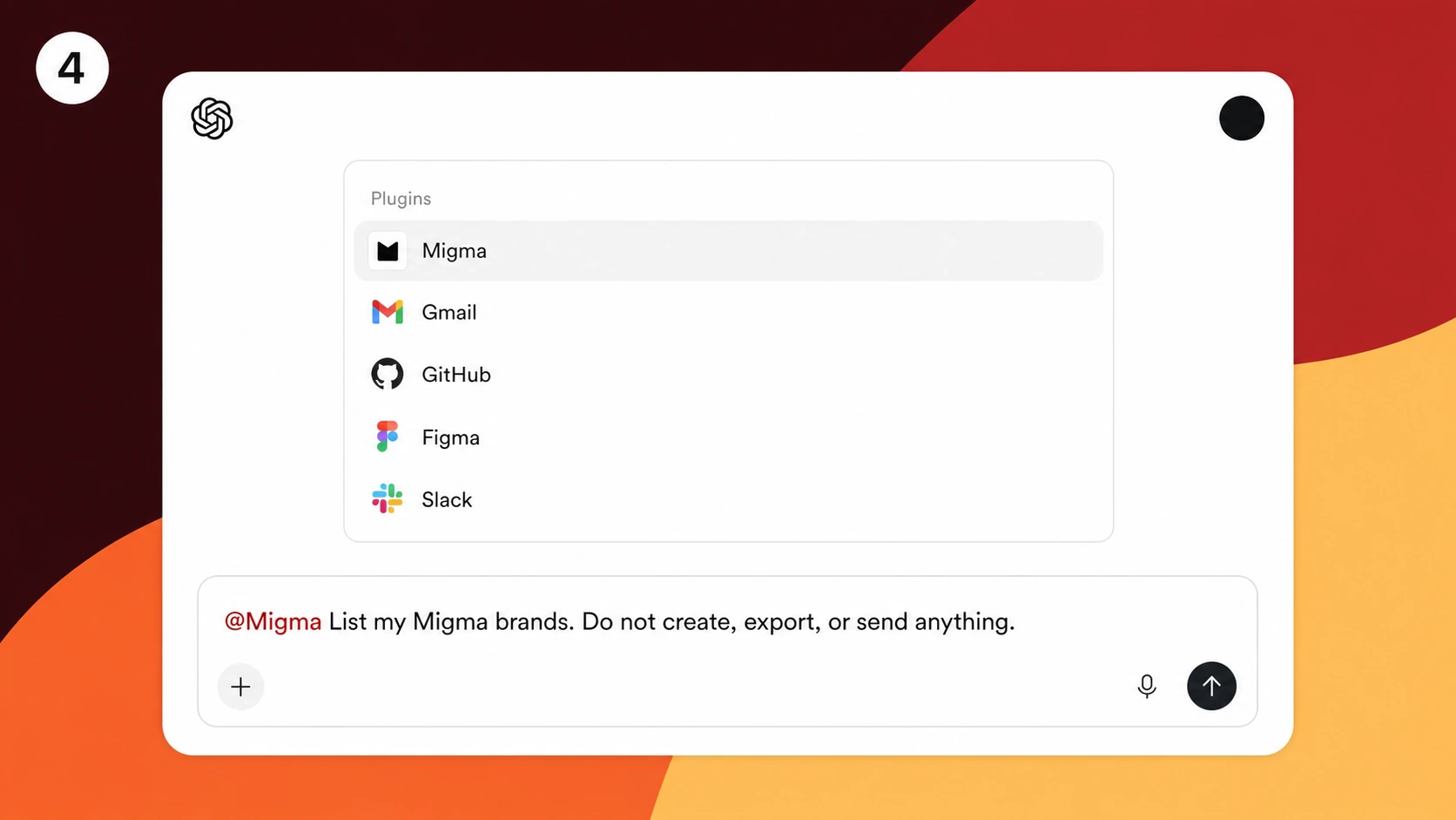 Illustration showing Migma selected in ChatGPT and a read-only request to list brands