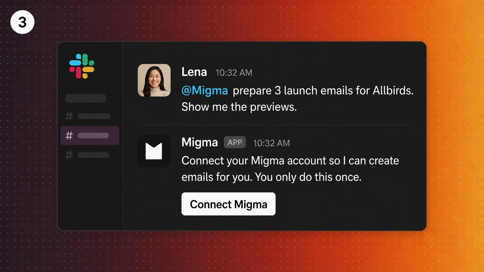 Slack thread showing a Connect Migma button after the first mention