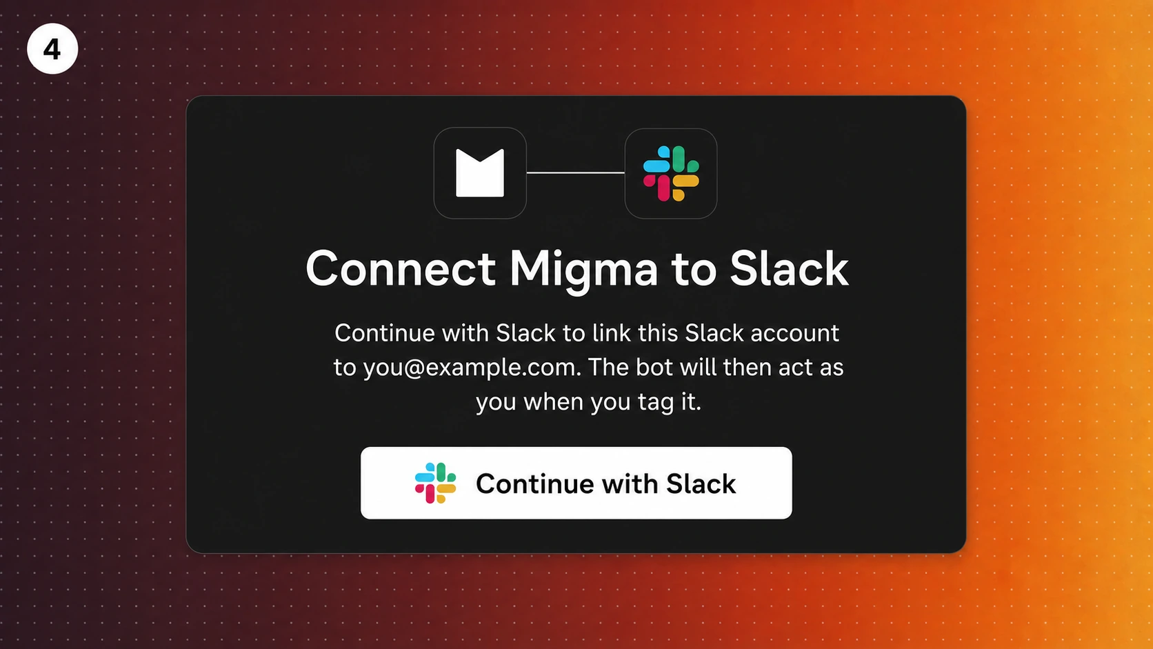 Migma account-link screen with a Continue with Slack button