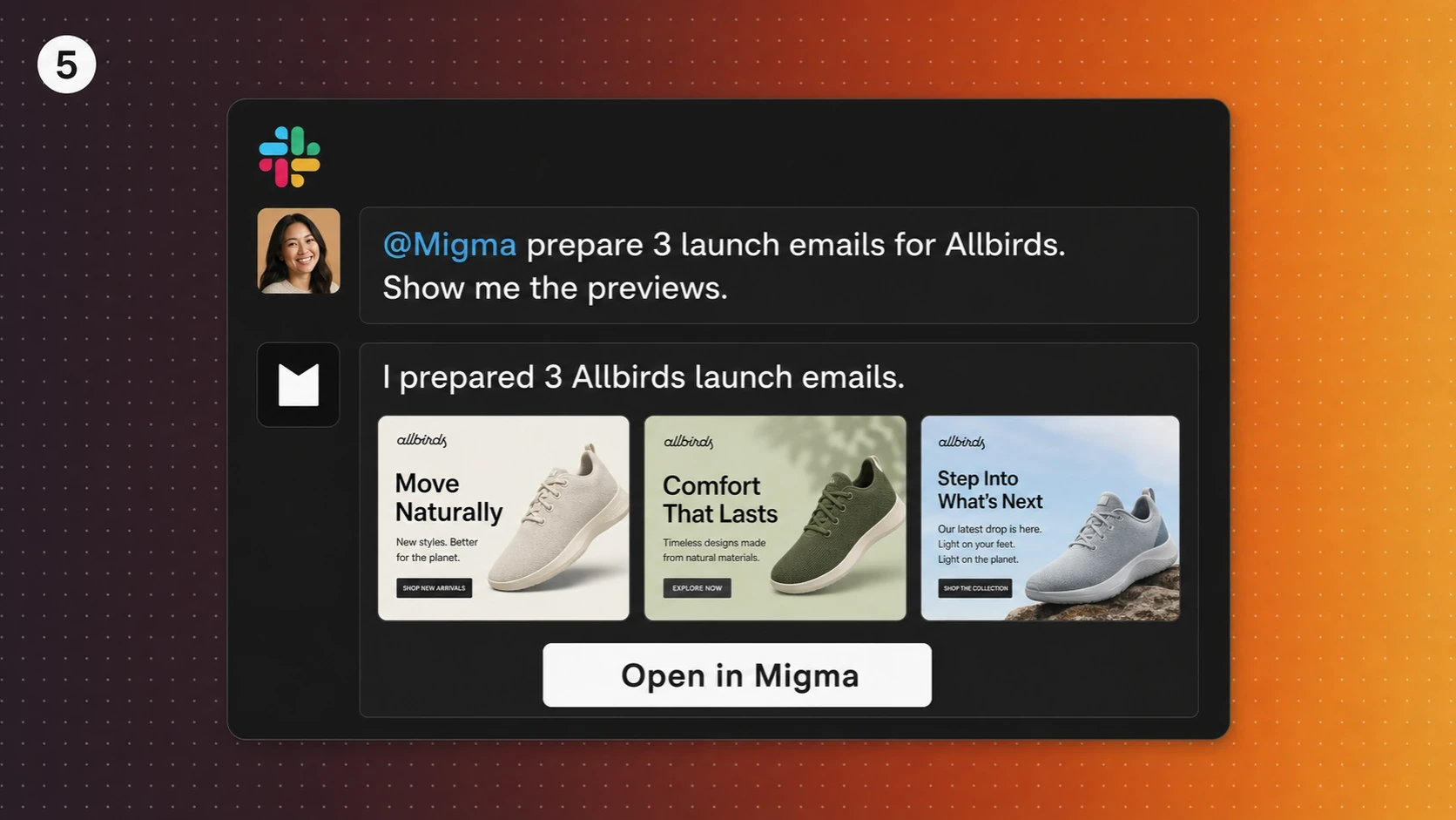 Slack thread with three email previews and an Open in Migma button
