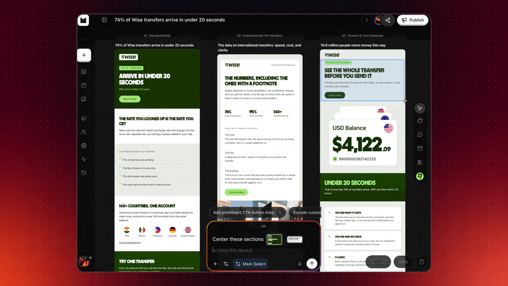 Migma canvas with a rectangular Mark Select area and selected-area thumbnails attached to the message