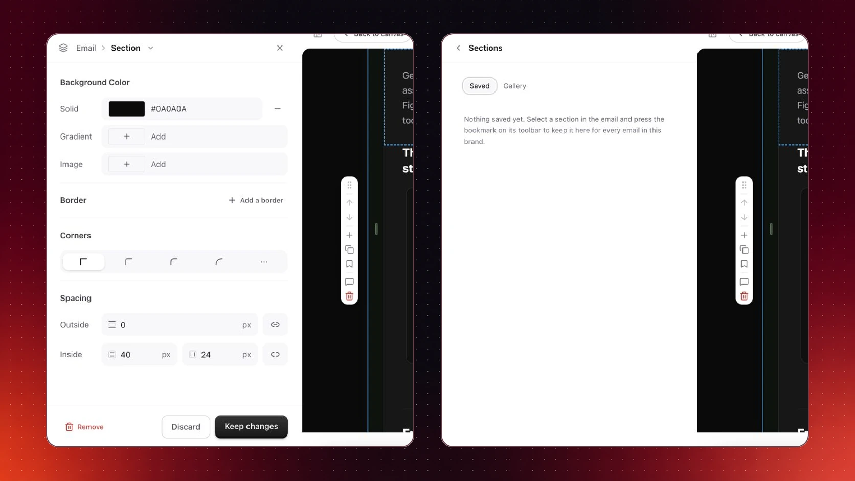 Migma Visual Editor showing the section bookmark control and the Saved sections library