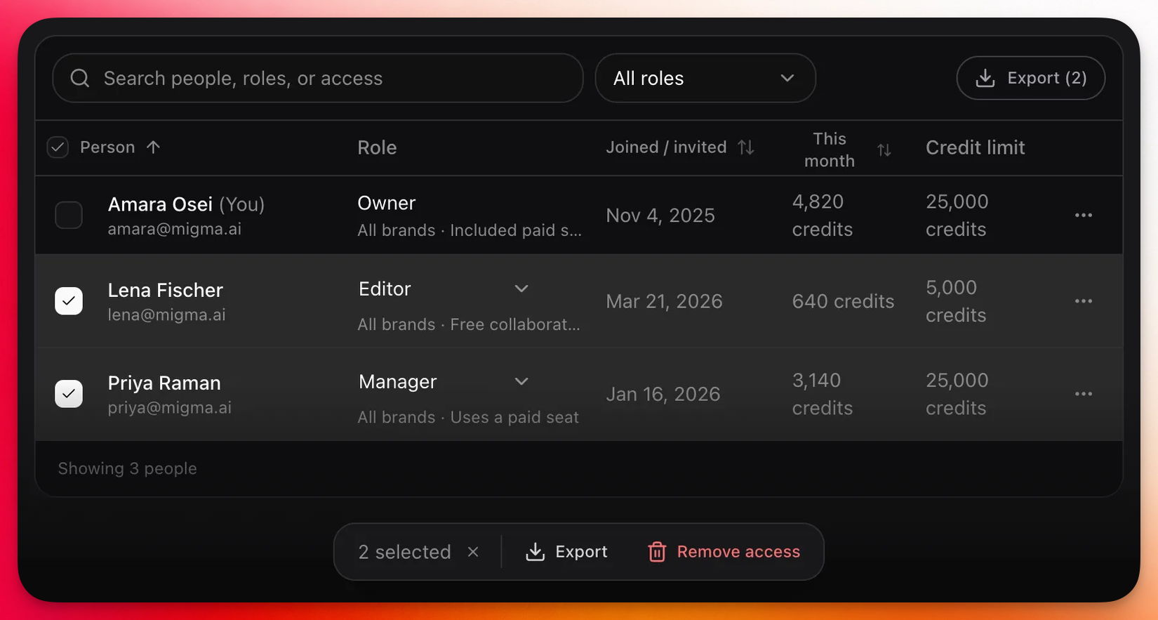 Two people selected in the roster, with a floating bar at the bottom offering Export and Remove access