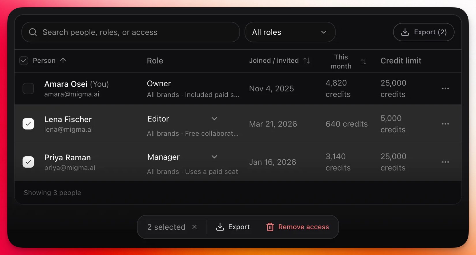 Acting on a selection Two people selected in the roster, with a floating bar at the bottom offering Export and Remove access