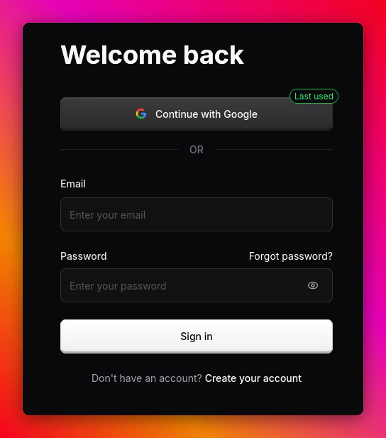 Migma sign-in screen with Continue with Google and email options