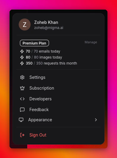 Migma account menu showing user, plan, and usage limits