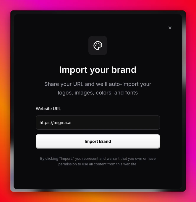 Import your brand modal with website URL field