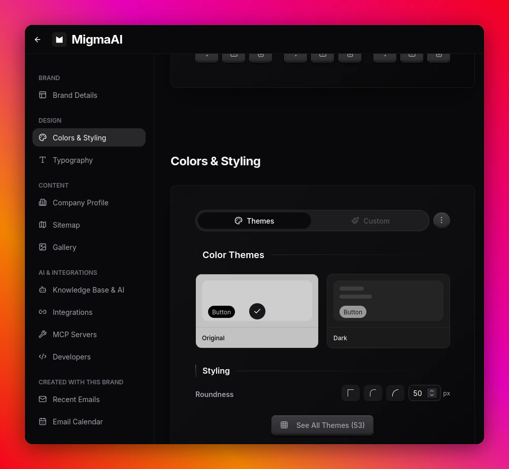 Colors and Styling page showing extracted brand themes