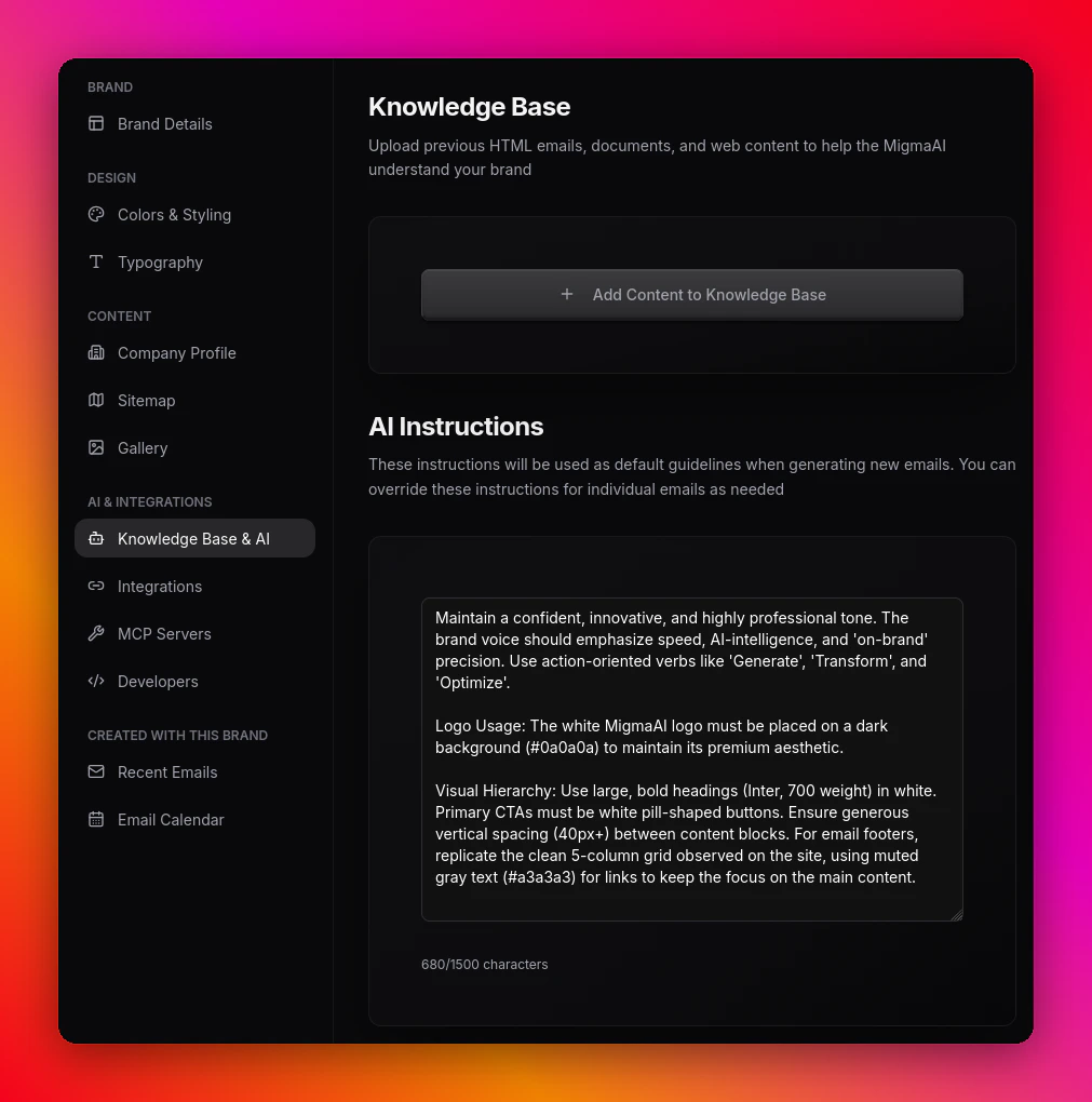 Knowledge Base panel with Add Content button and AI Instructions
