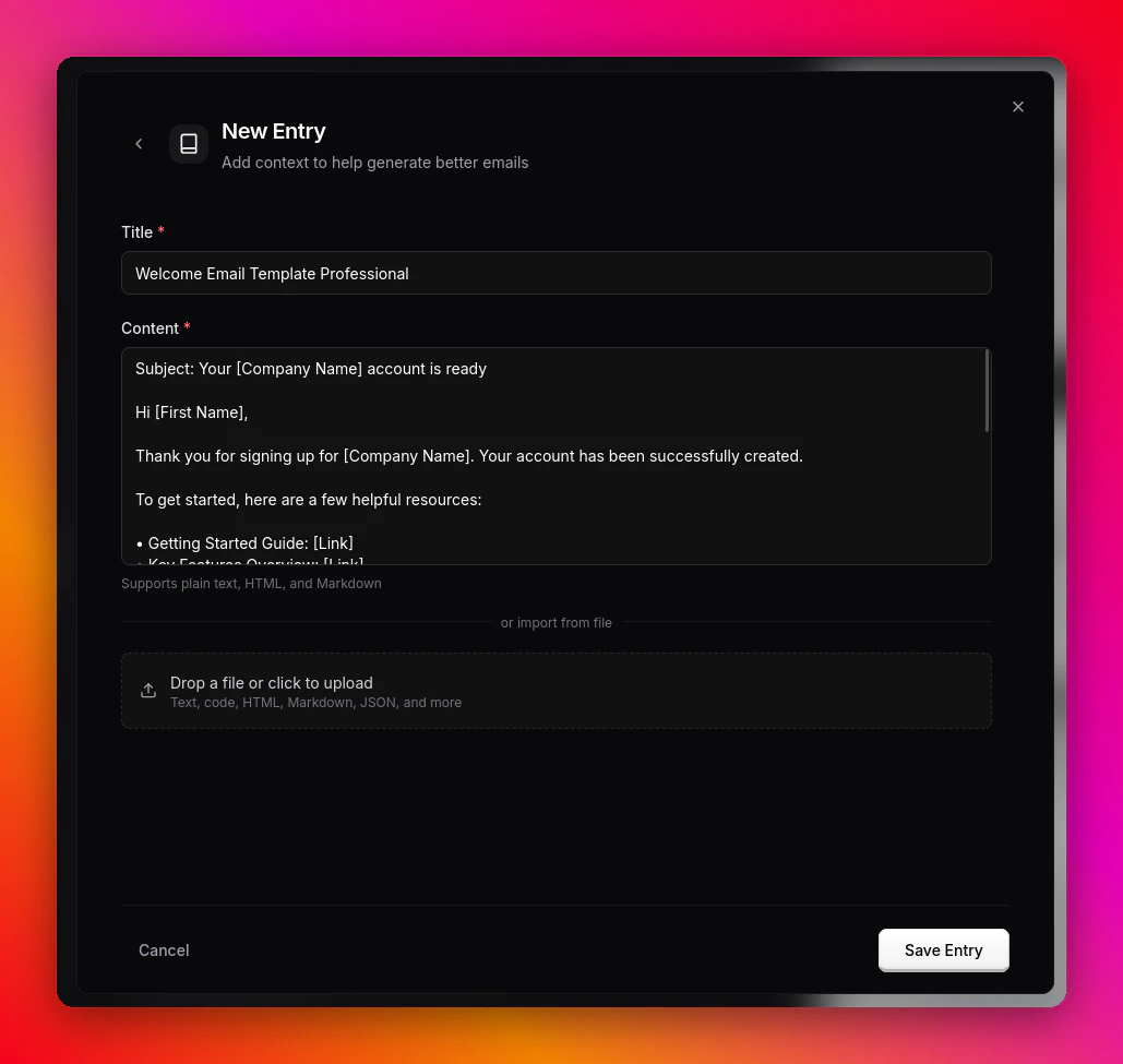 New Entry modal with title and content fields for a welcome email