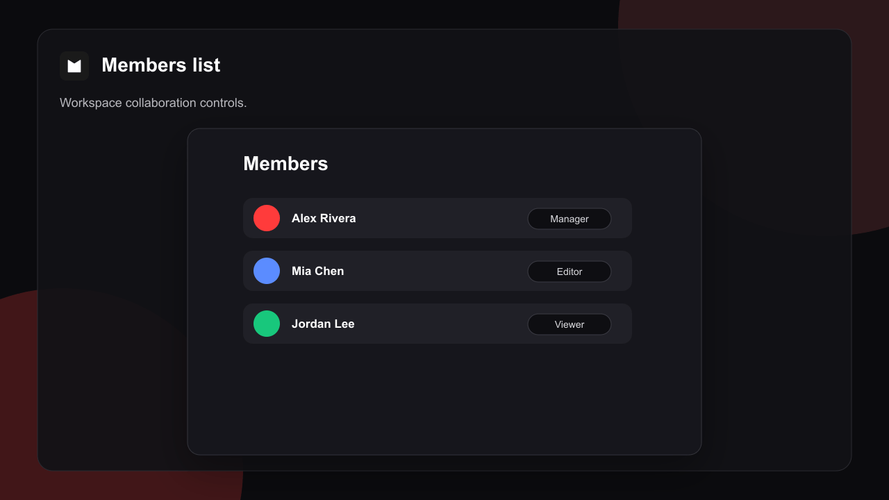 Members and pending invites The members roster showing each person's role and reach, with pending invitations and resend or revoke controls
