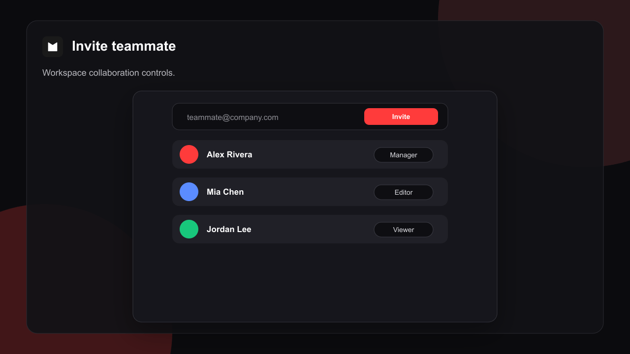 Migma Share panel with an email invite field and role controls for Manager, Editor, and Viewer