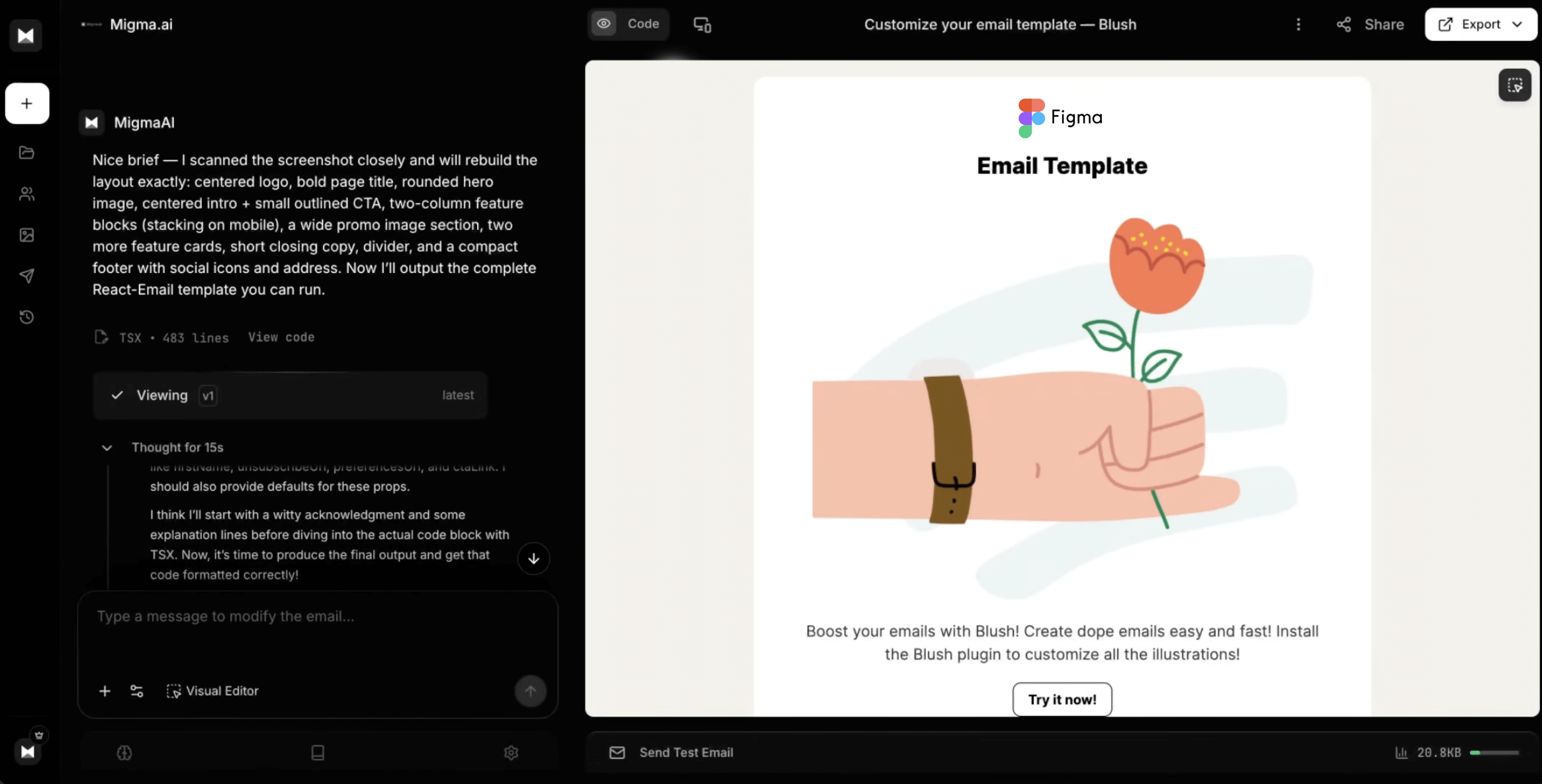 Converted Figma design in the editor A converted Figma design open and editable in the Migma editor