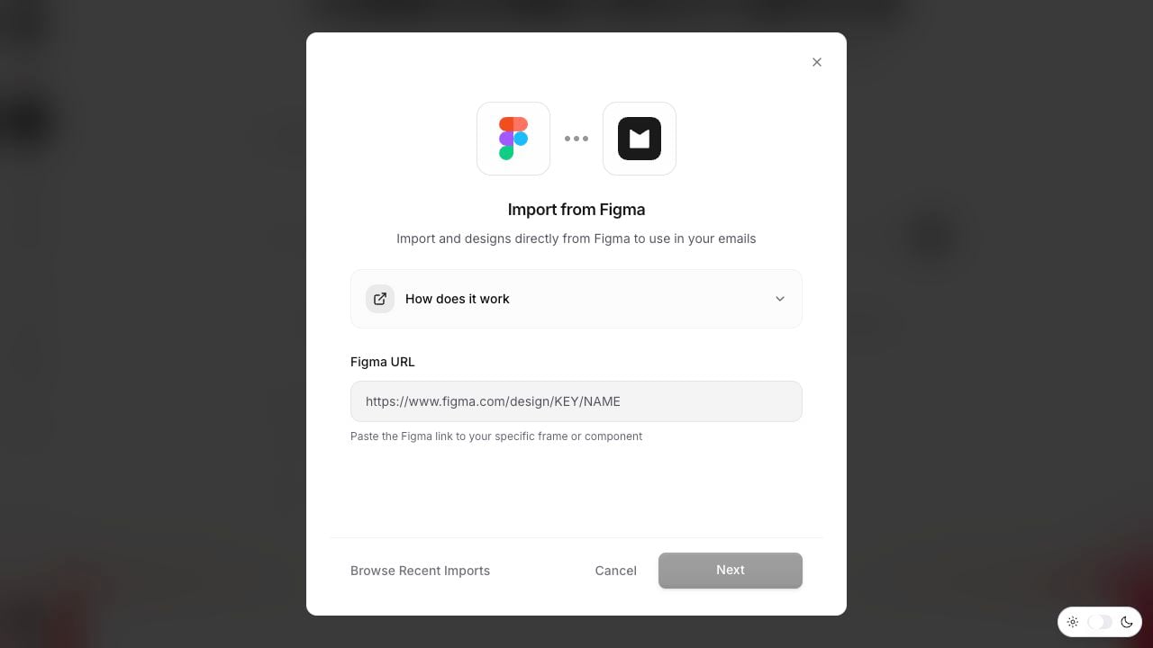 Figma to Email import dialog The Figma to Email import dialog with the Enter Figma URL field