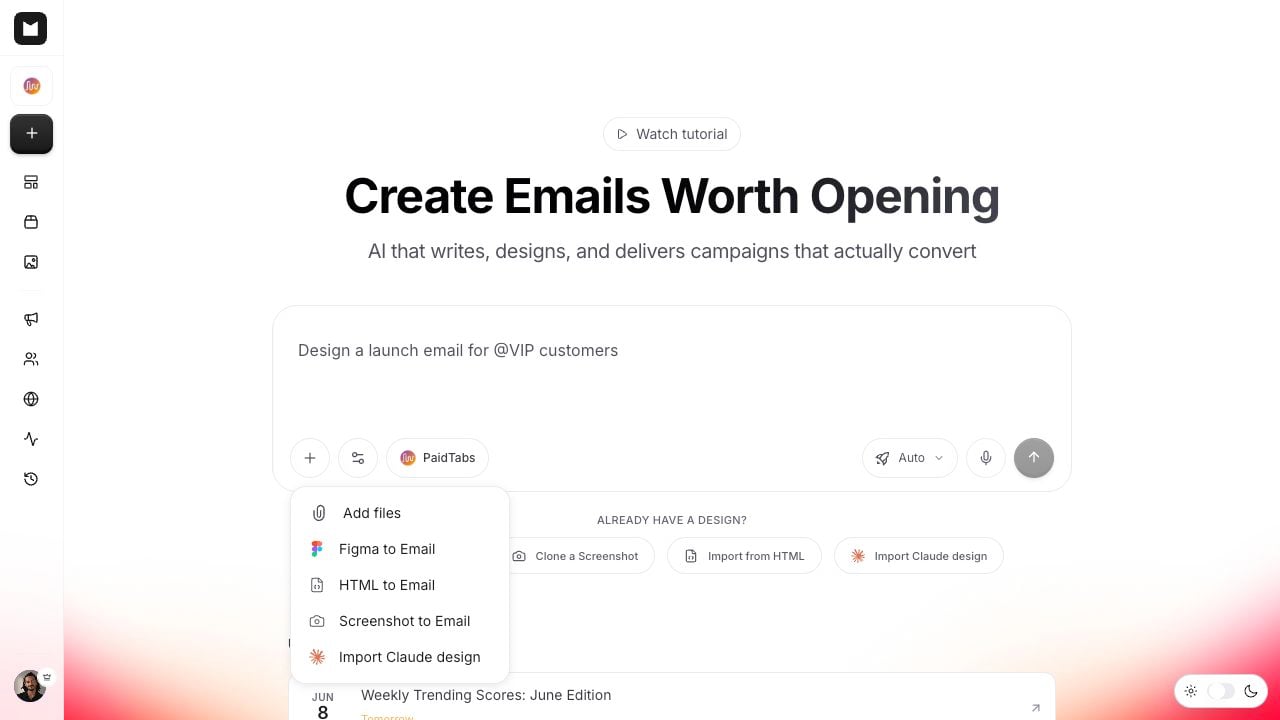 The + add-content menu The plus add-content dropdown showing the HTML to Email option