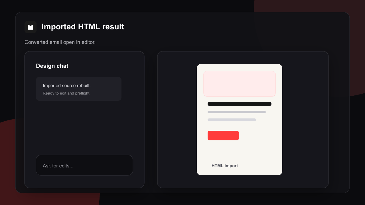 Converted result in the editor An imported HTML email open and editable in the Migma visual editor