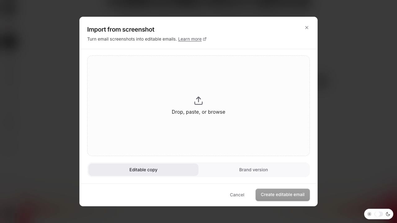 Import from screenshot The Import from screenshot dialog with upload area and Editable copy or Brand version options