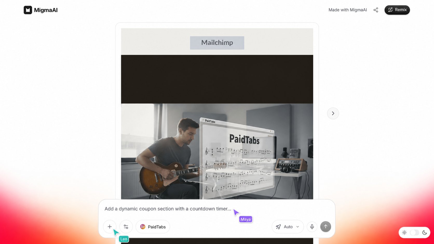 Live cursors in chat Two labelled teammate cursors shown inside the Migma chat composer