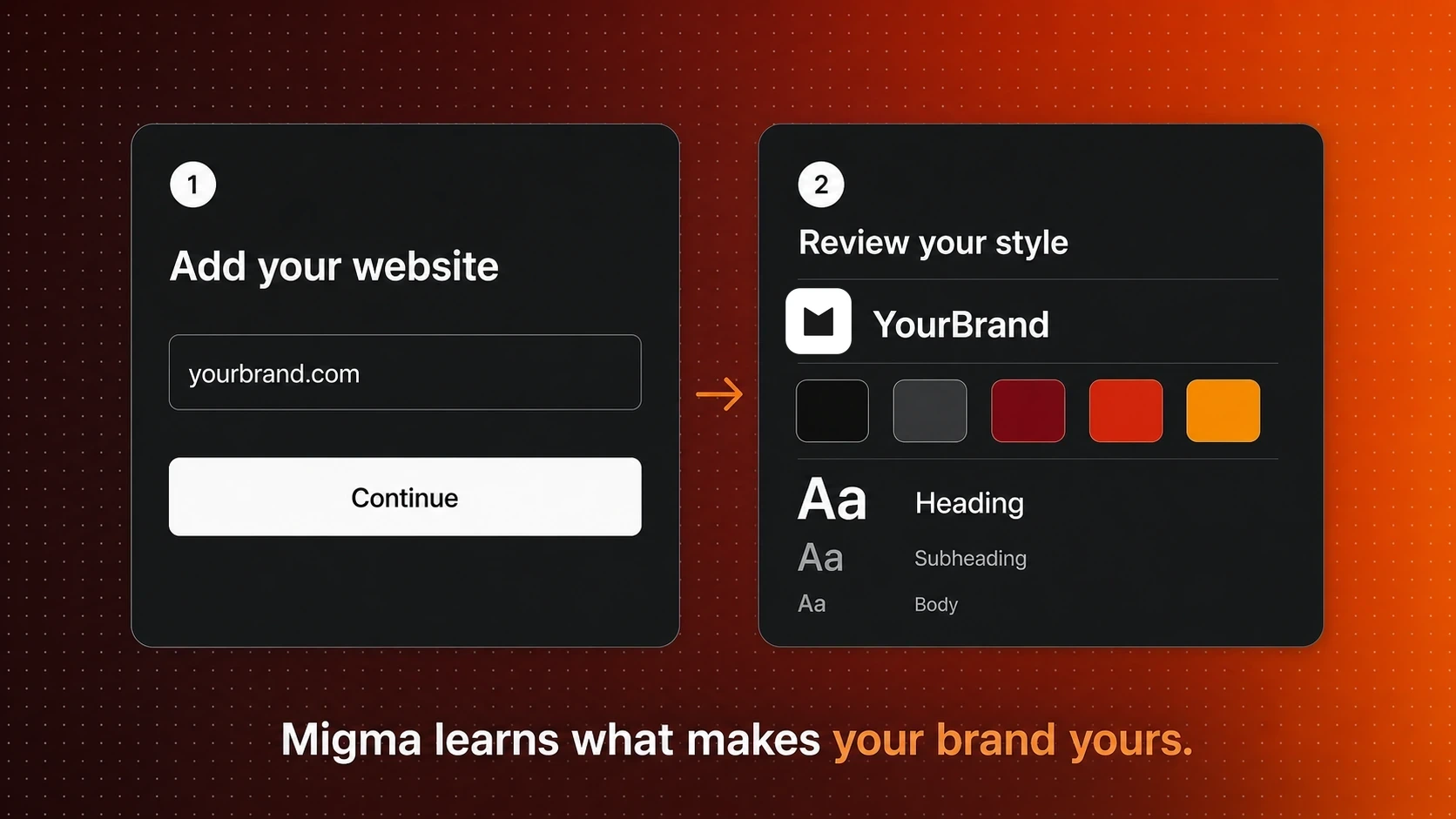 Illustration showing a website added to Migma and the brand colors and type found from it