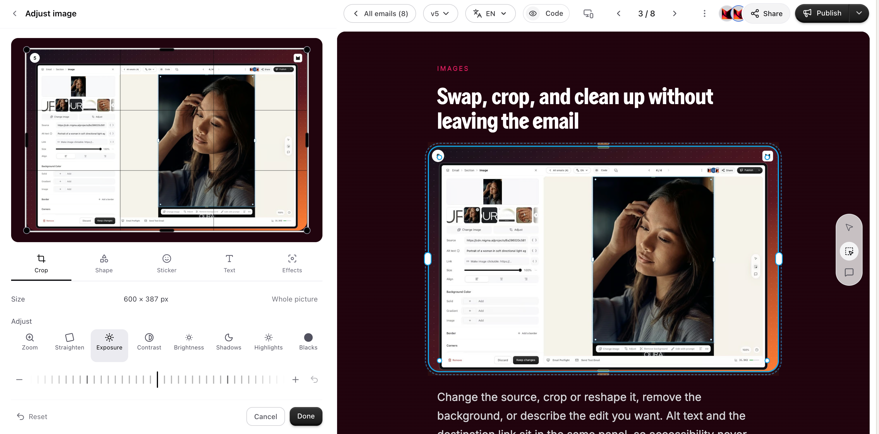 Migma Visual Editor with a selected email image beside the Adjust image crop and exposure controls