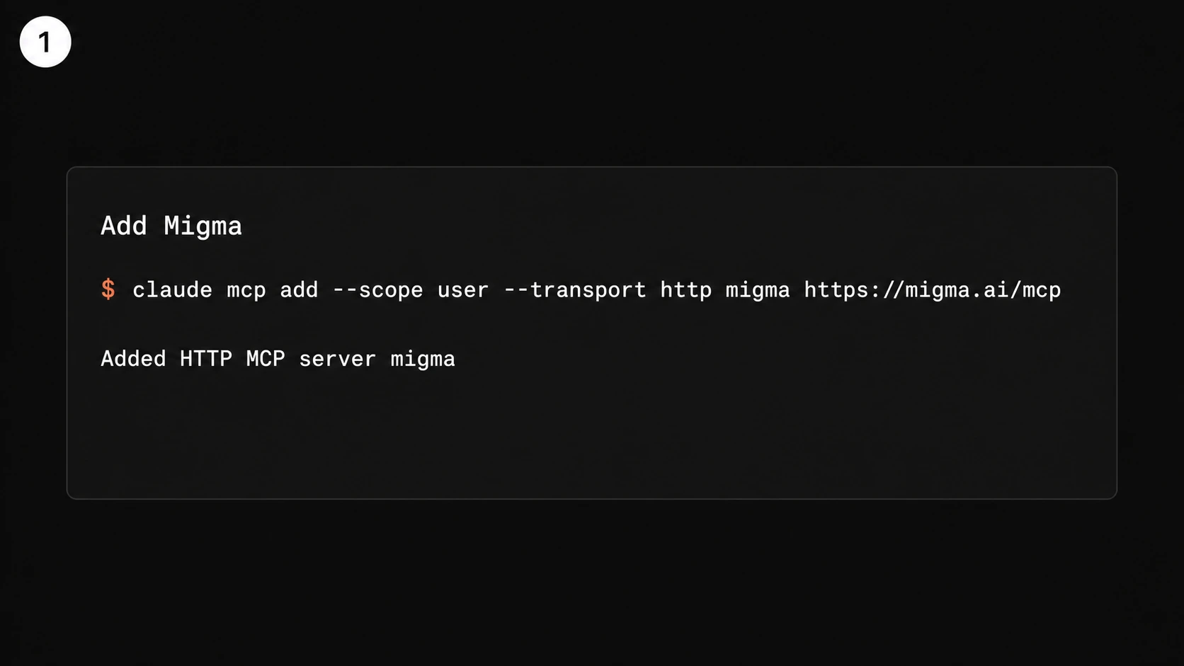 Illustration showing the Claude Code command that adds Migma as a user-scoped HTTP MCP server