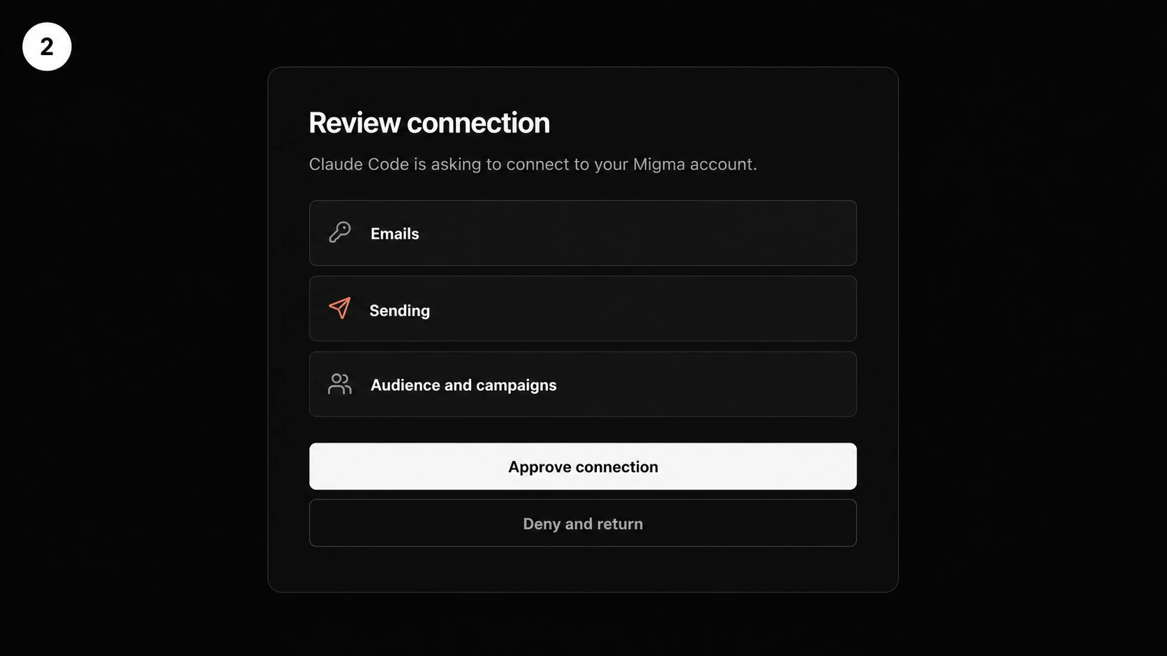 Illustration showing Migma permission groups and the Approve connection button for Claude Code