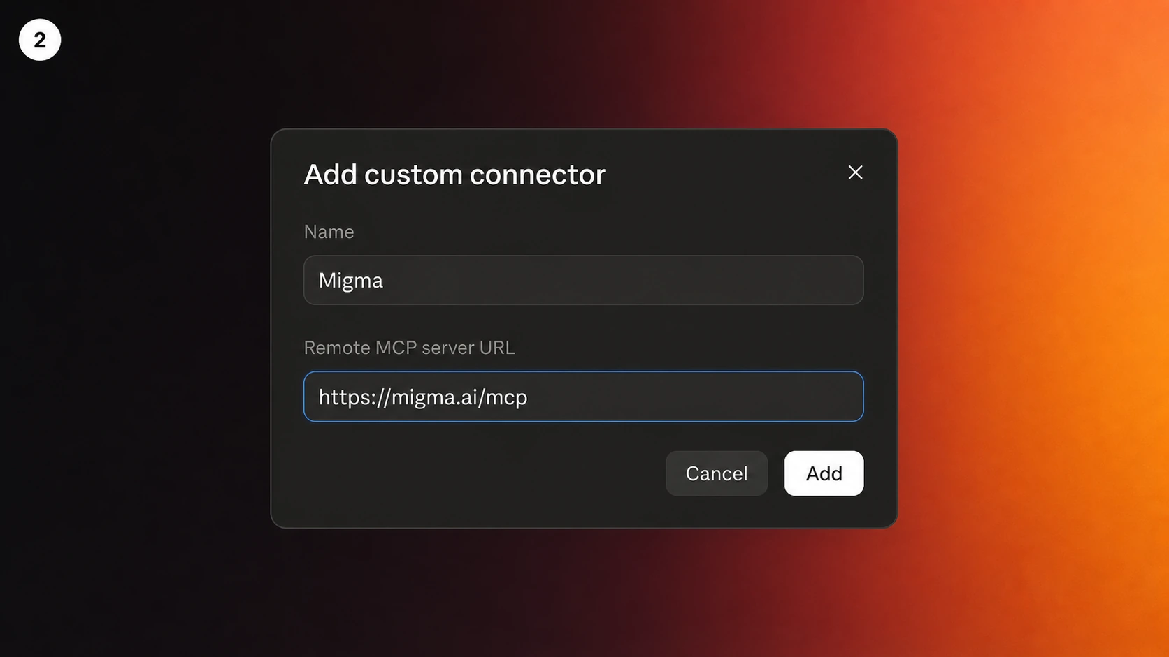 Illustration showing Migma and its Remote MCP URL in Claude Desktop's Add custom connector dialog