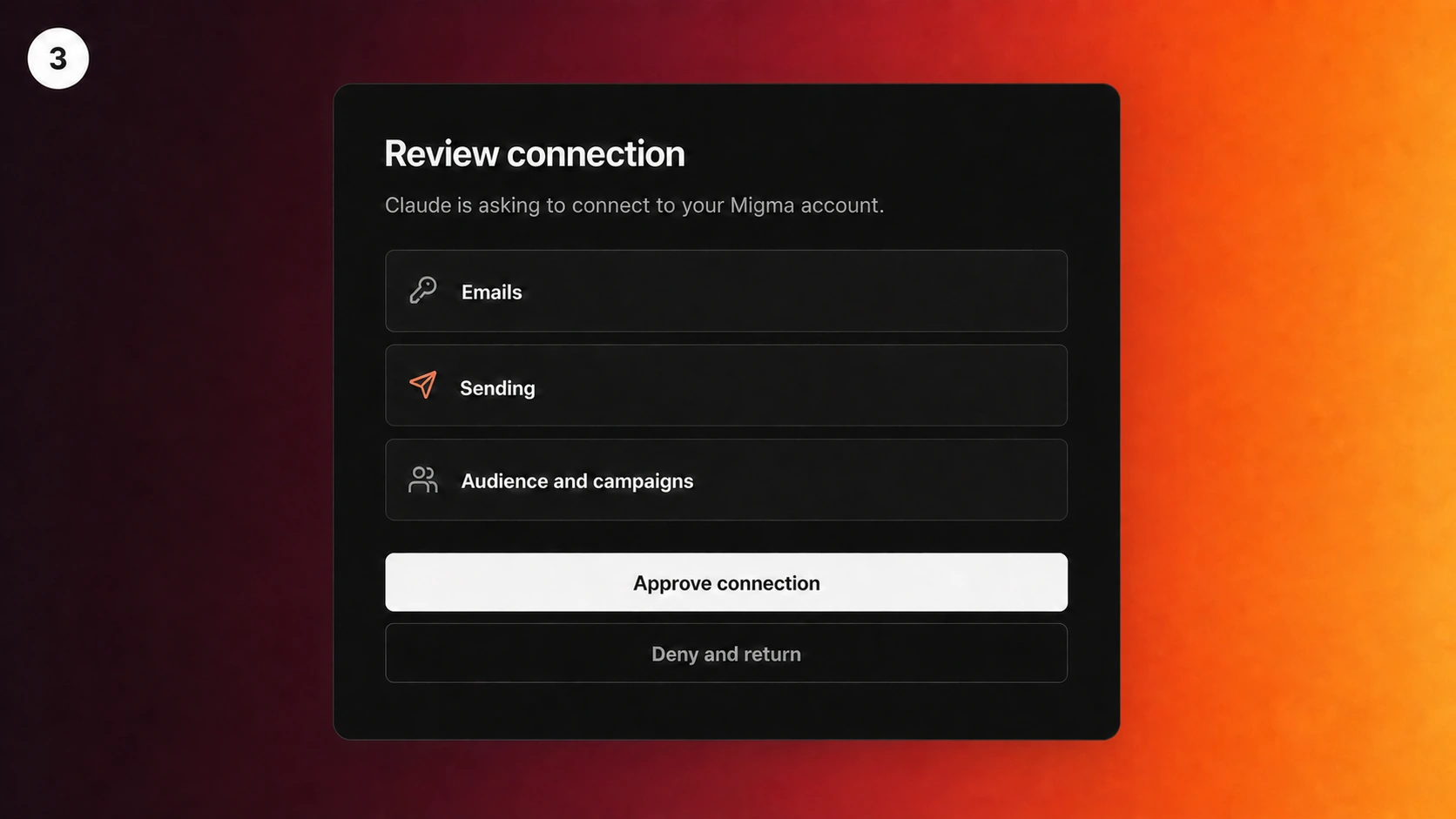 Illustration showing Migma permissions and the Approve connection button for Claude Desktop