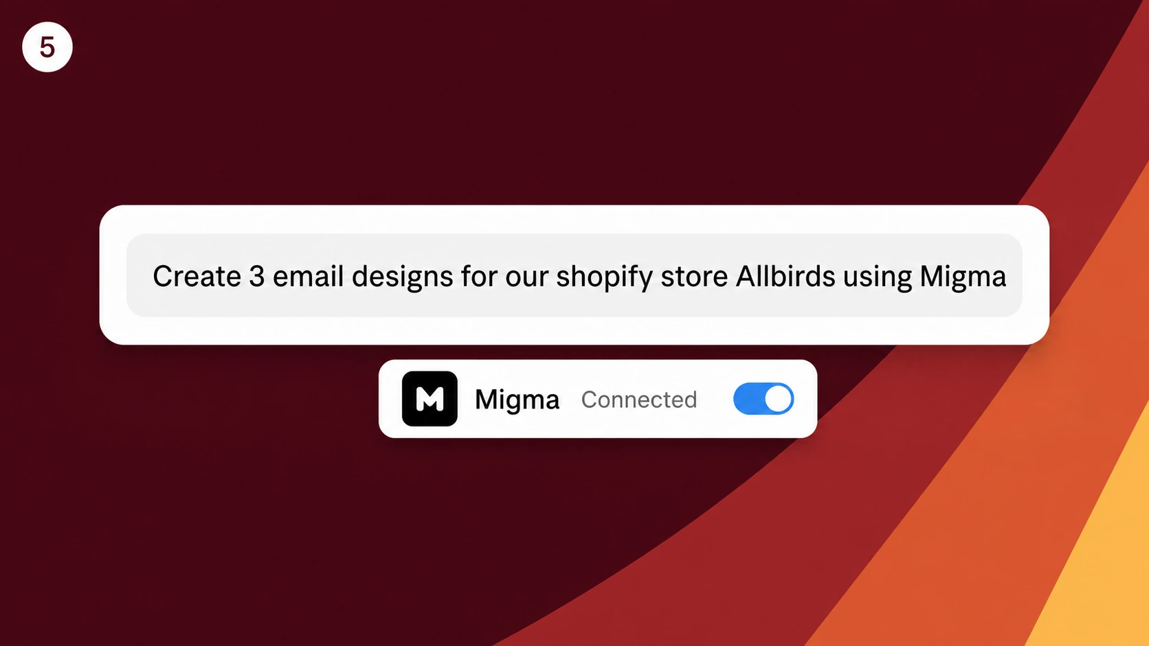 Illustration showing a Claude Desktop prompt asking Migma to create three Allbirds email designs