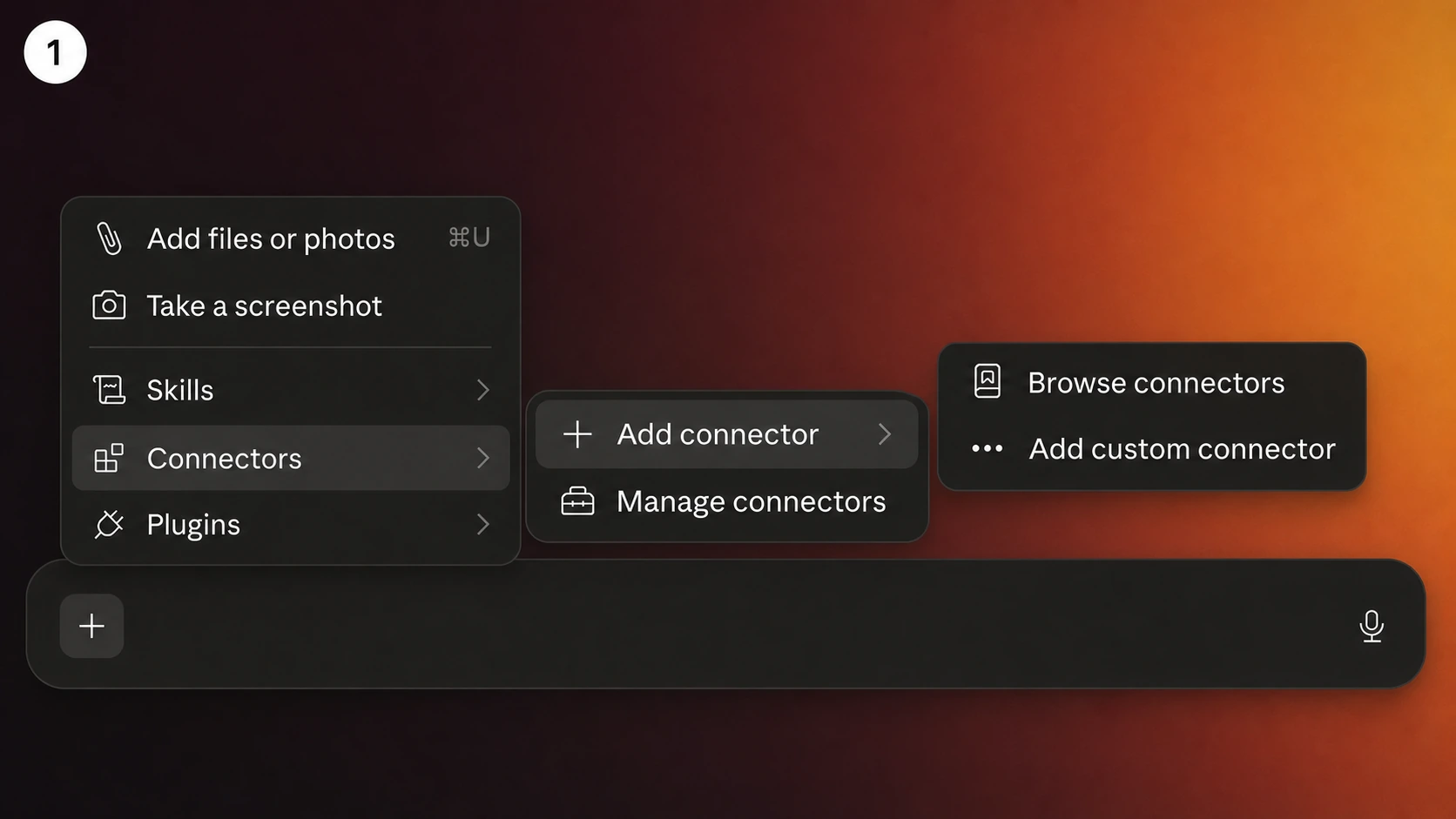 Illustration showing the Claude Desktop menus for Connectors, Add connector, and Add custom connector