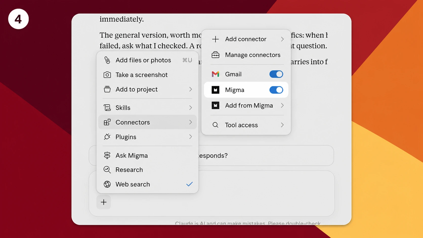 Illustration based on the Claude Desktop connector menu showing the Migma connector enabled