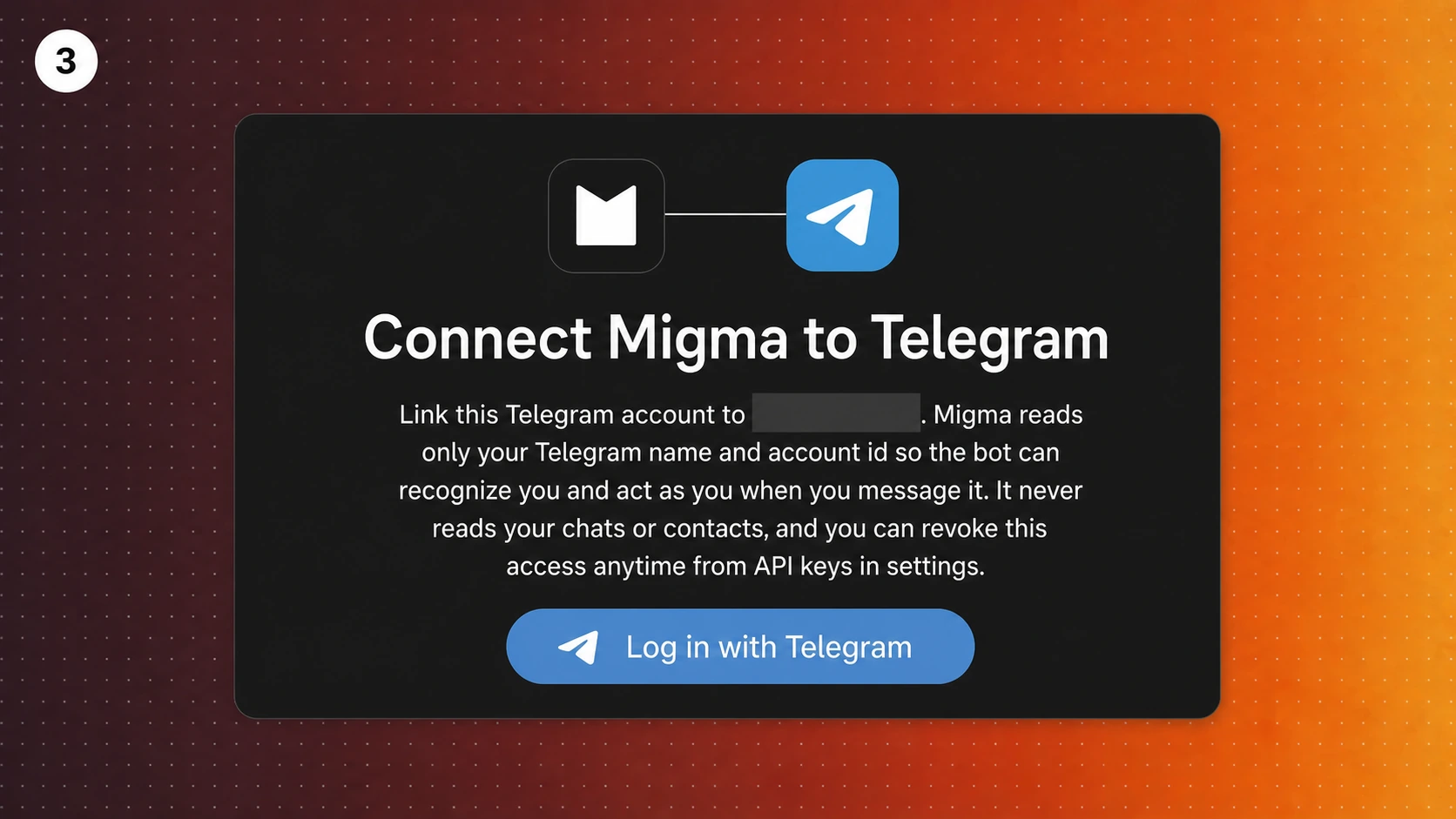 Illustration of the Migma Telegram connection page with the Log in with Telegram button