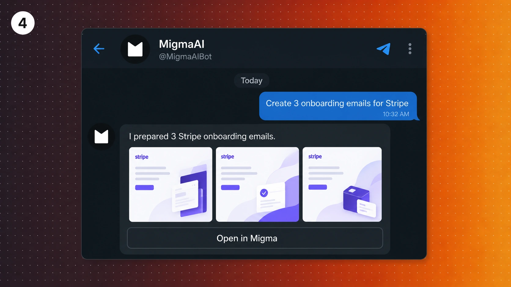 Illustration of MigmaAI returning three Stripe onboarding email drafts in Telegram