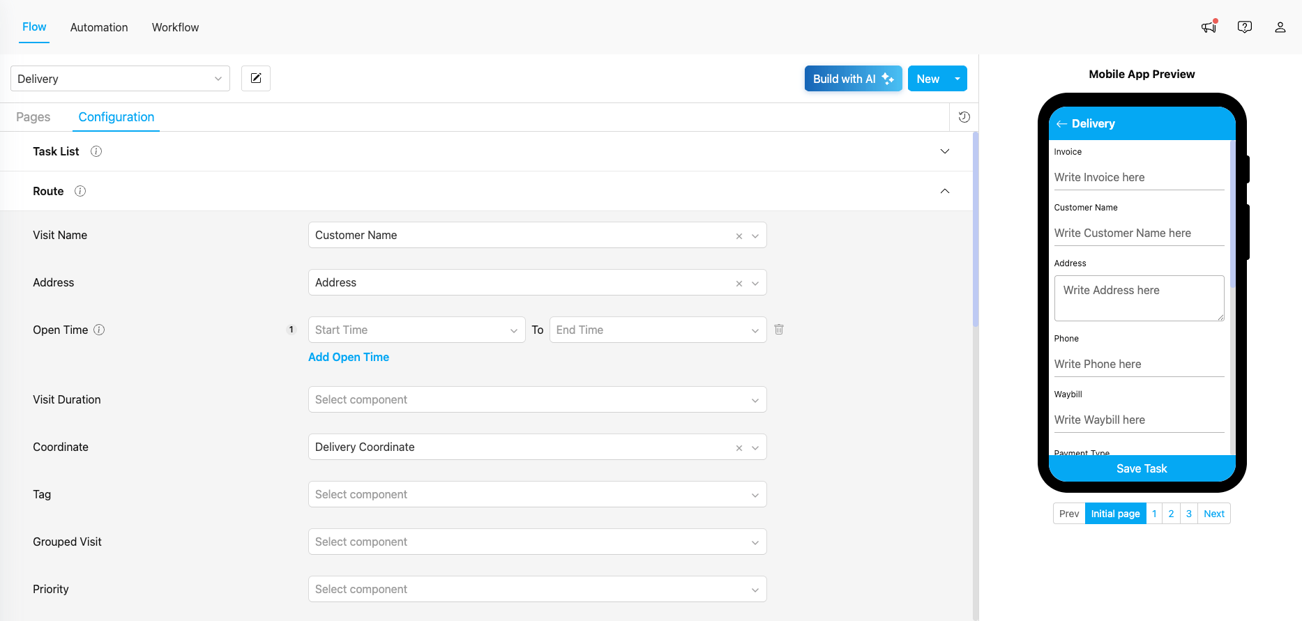 Flow Configuration — Route section
