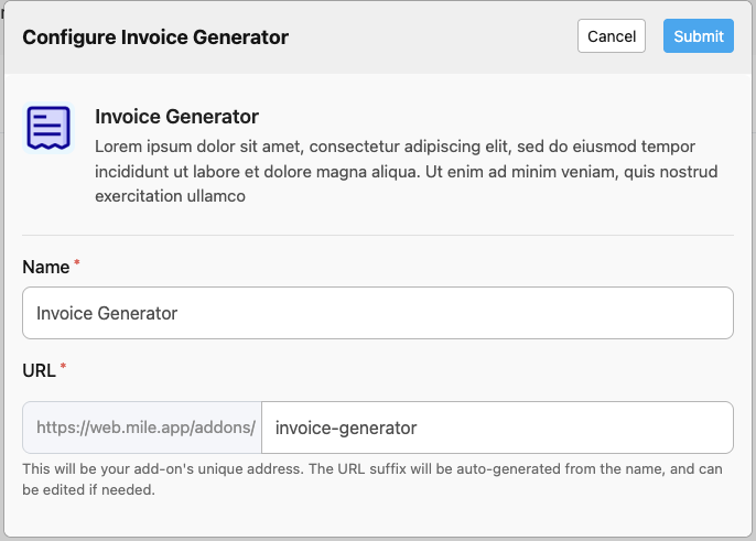 Configure add-on name and URL dialog