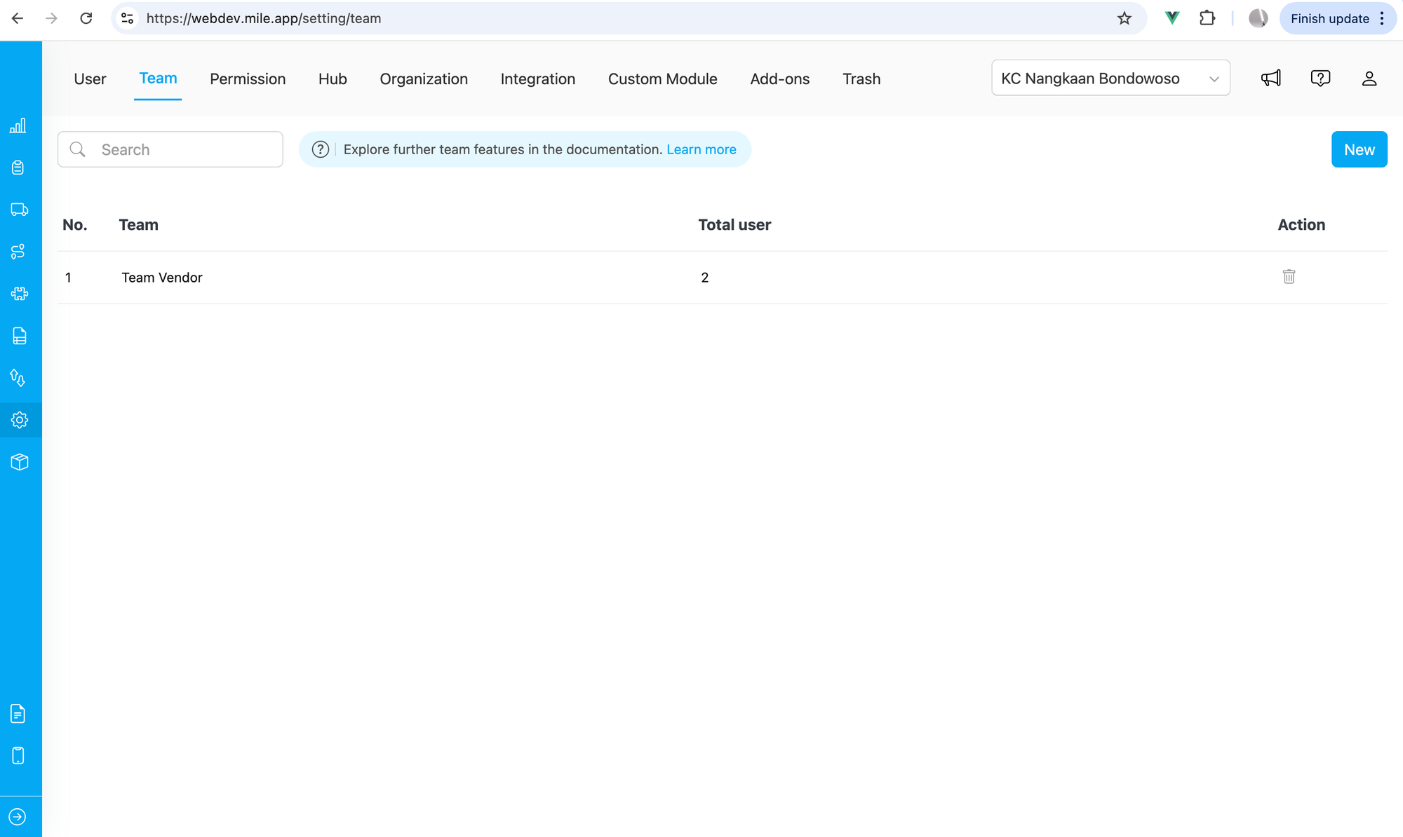 Team management showing Team Vendor