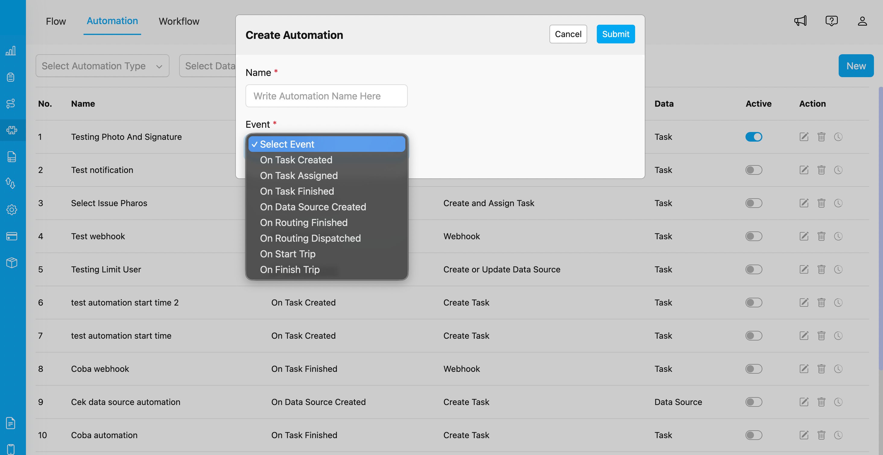 Automation Event Dropdown