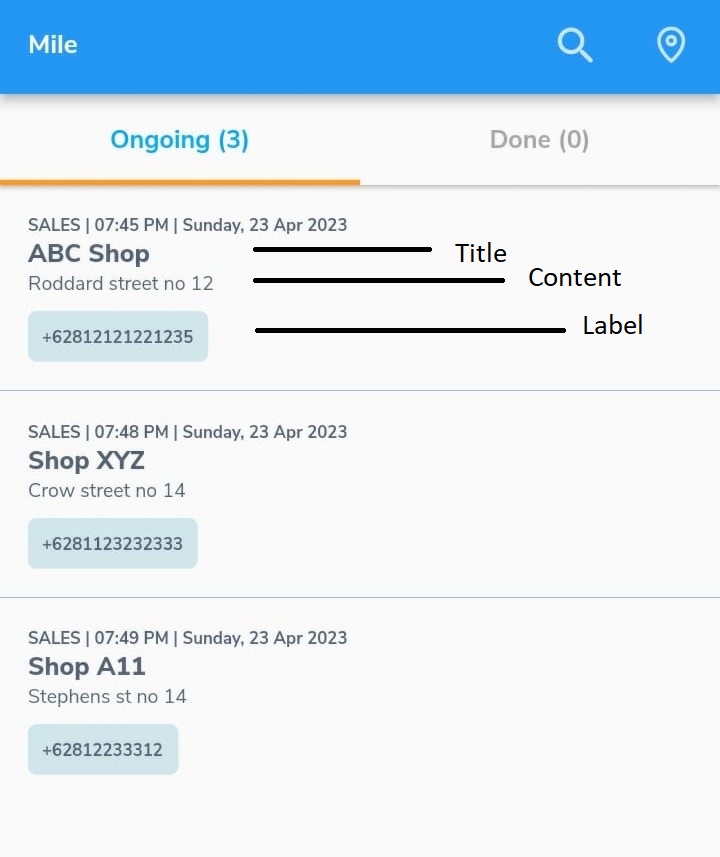 Mobile app task list showing Title, Content, and Label