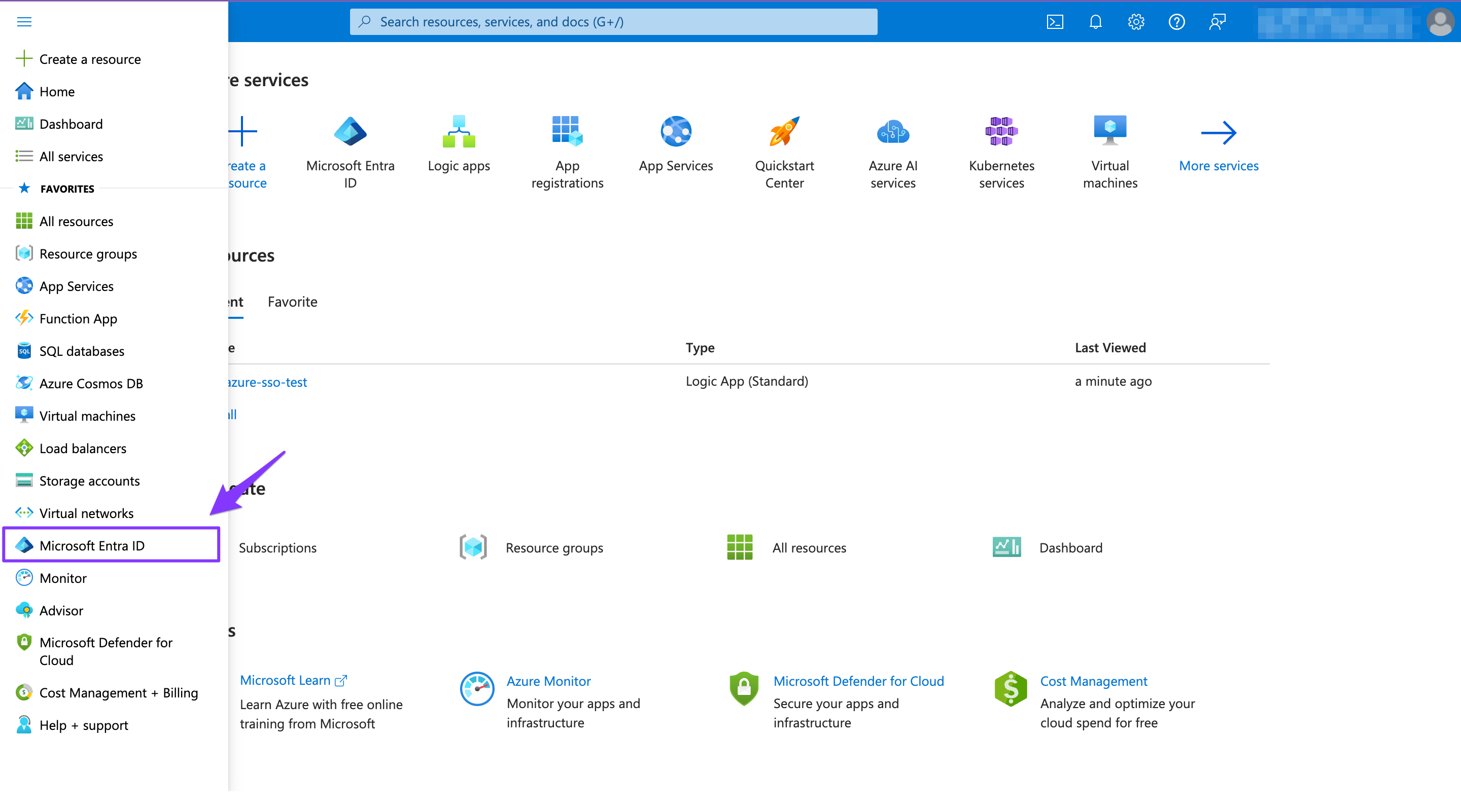 Azure Portal homepage