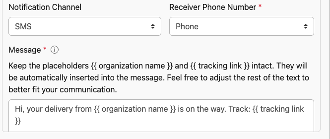 Notification automation with Channel set to SMS, showing Receiver Phone Number and Message