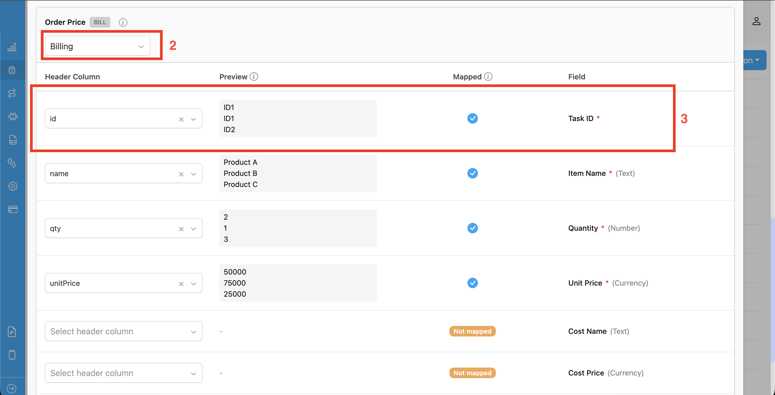 Bill component with sheet mapping and sub-fields