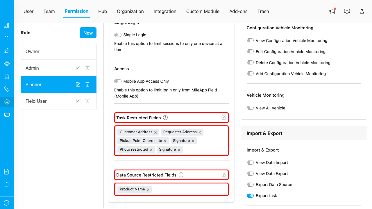 Field Accessibility permission tags in role settings