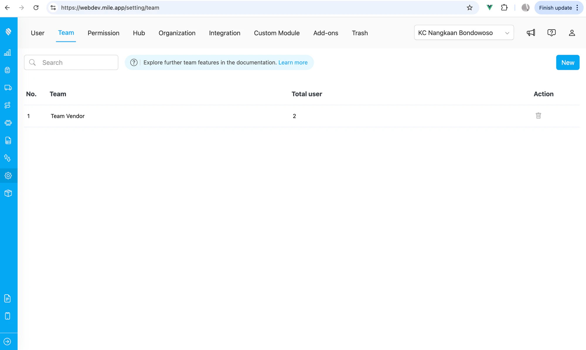 Team management showing Team Vendor