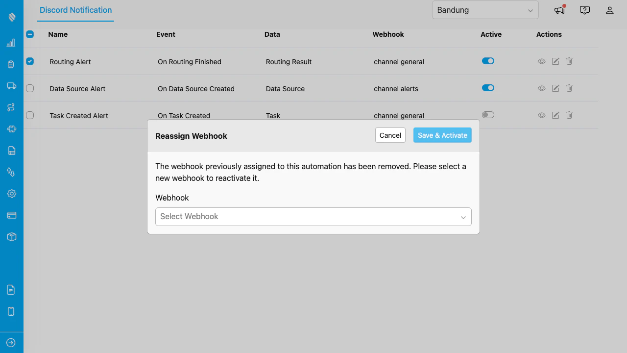 Reassign webhook dialog